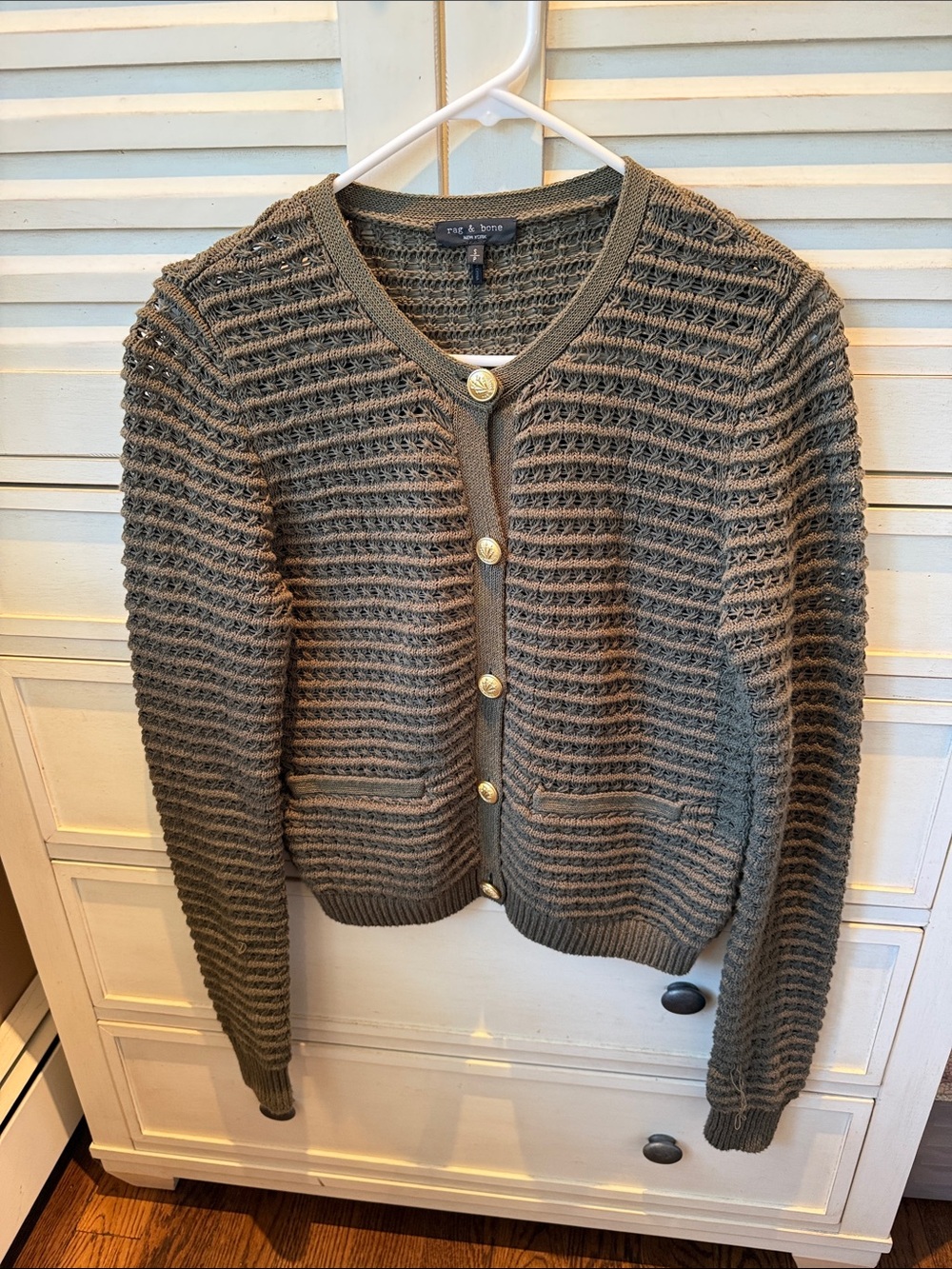rag & bone olive textured knit button-front cardigan with gold buttons